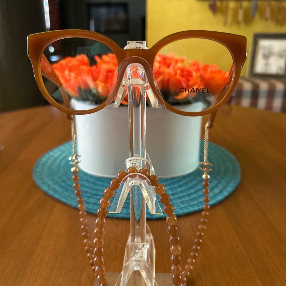 CHANEL Tan Eyeglasses with Beaded Chain